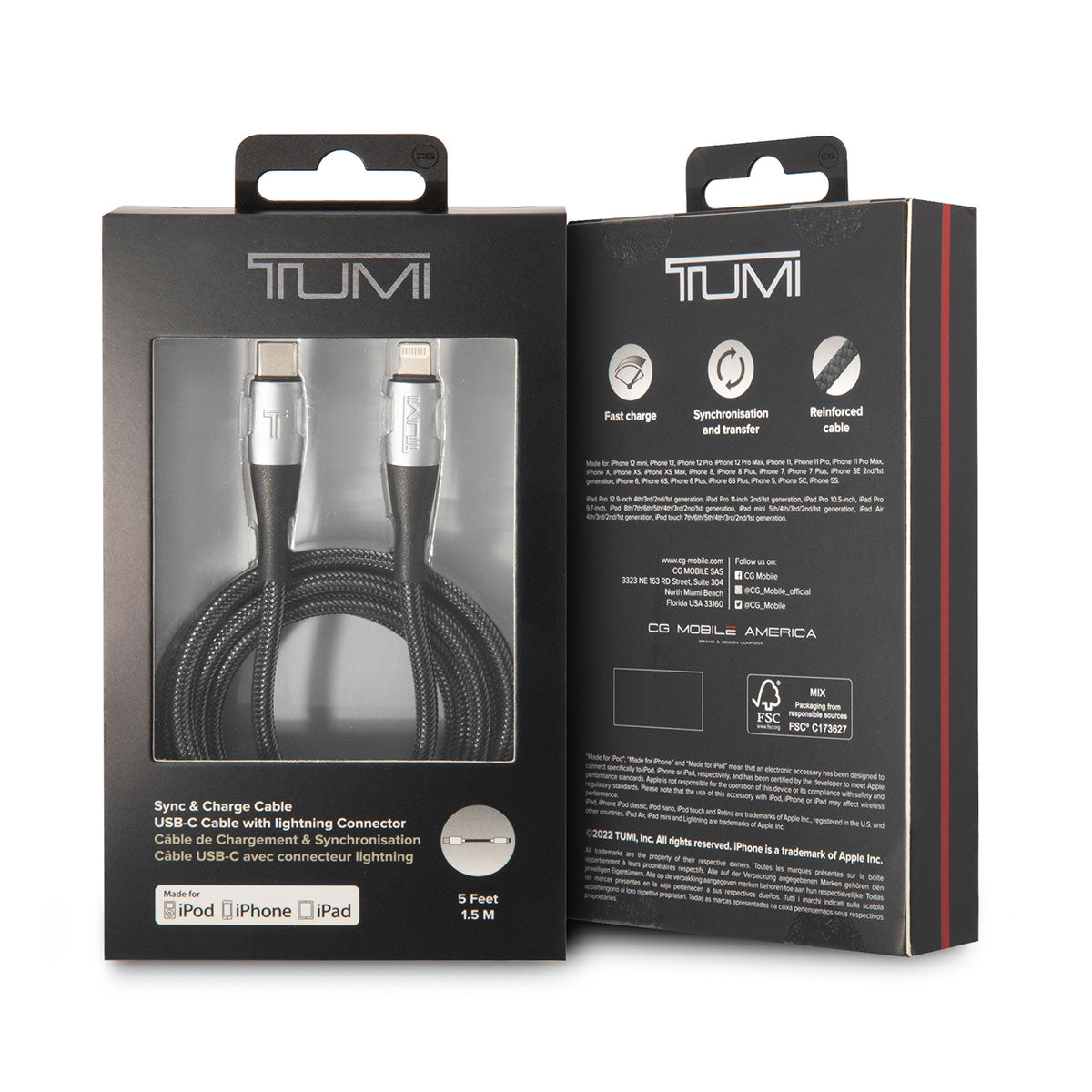 TUMI Fast Charging Nylon Braid Design Lightning to Type-C PD Cable 1.5M MFI Licensed Black