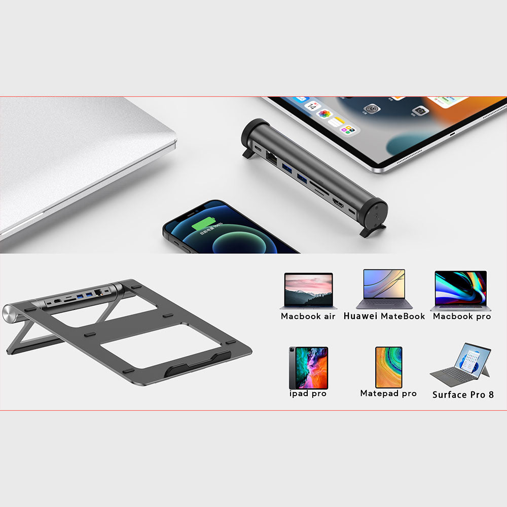 Wiwu A821CH 8in1 Hub Docking Station Notebook Laptop Stand PD3.0/USB3.0/RJ45 (1000Mbps)/SD/TF/HDMI (4K@30Hz) Gray