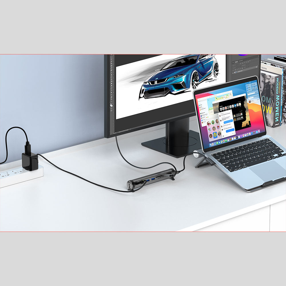 Wiwu A821CH 8in1 Hub Docking Station Notebook Laptop Stand PD3.0/USB3.0/RJ45 (1000Mbps)/SD/TF/HDMI (4K@30Hz) Gray