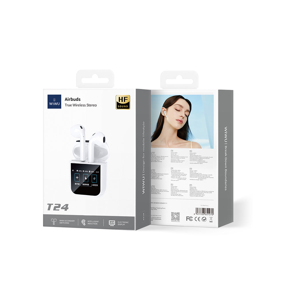 Wiwu Airbuds T24 Touch LCD Screen TWS Bluetooth Earphones v5.4 White