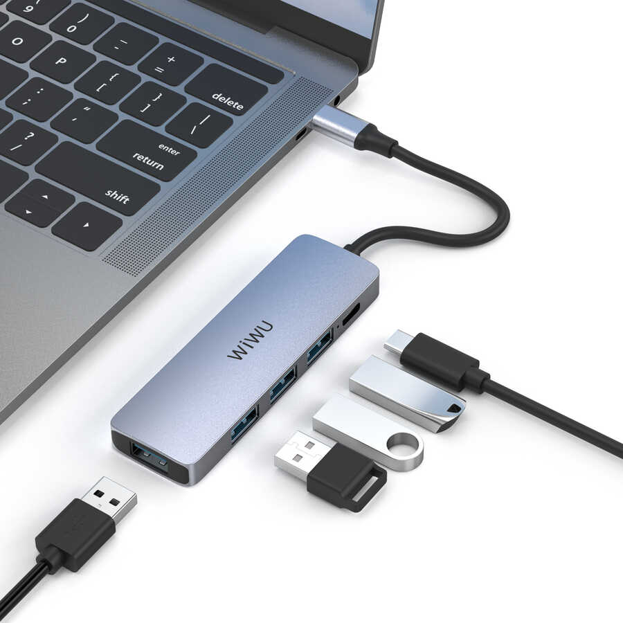 Wiwu Alpha A541BC 5 in 1 Type-C Hub 60W PD Charging Supported USB Duplicator Gray