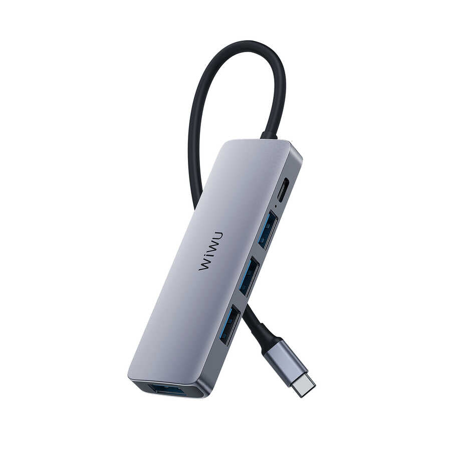 Wiwu Alpha A541BC 5 in 1 Type-C Hub 60W PD Charging Supported USB Duplicator Gray