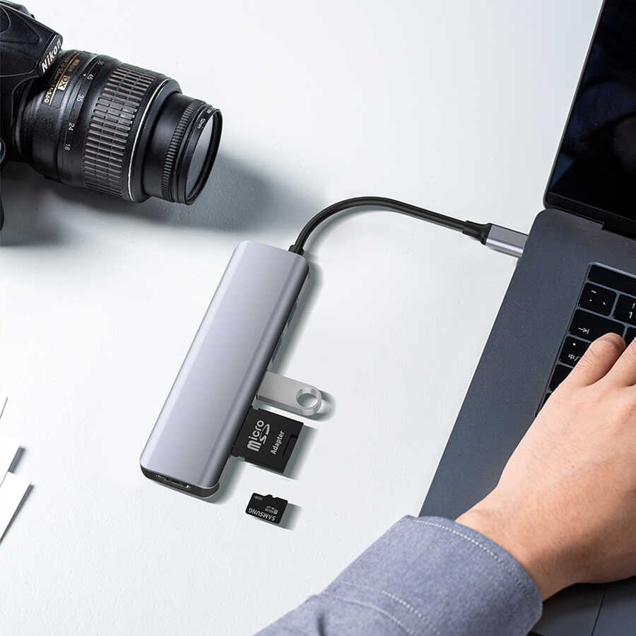 Wiwu Alpha A731HC 7 in 1 Type-C Hub 100W Charging Support SD Card-HDMI-USB Multiplier Gray
