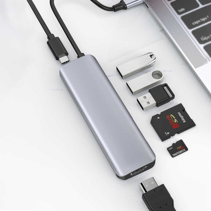 Wiwu Alpha A731HC 7 in 1 Type-C Hub 100W Charging Support SD Card-HDMI-USB Multiplier Gray