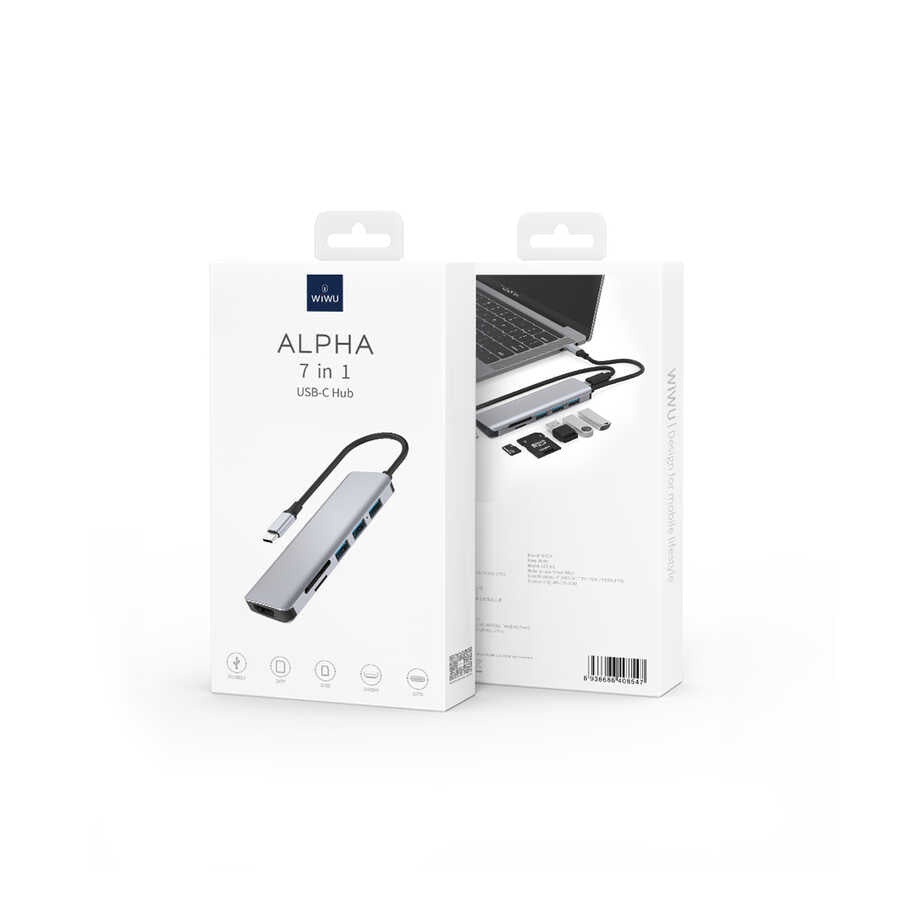 Wiwu Alpha A731HC 7 in 1 Type-C Hub 100W Charging Support SD Card-HDMI-USB Multiplier Gray