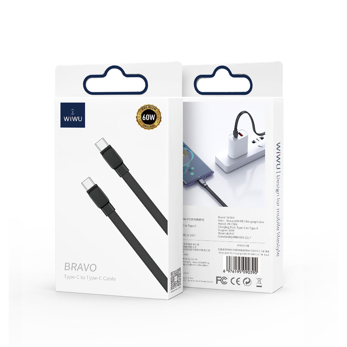 Wiwu Bravo Wİ-C004 Flat Design 60W Fast Charging Type-C to Type-C PD Cable 1M Black