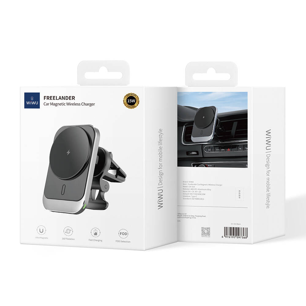 Wiwu CH-314 Magnetic Wireless Charging Car Phone Holder Ventilation Design Black