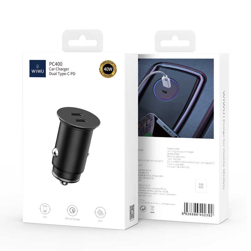 Wiwu King Kong PC400 Dual Type-C PD 40W Car Charger Black