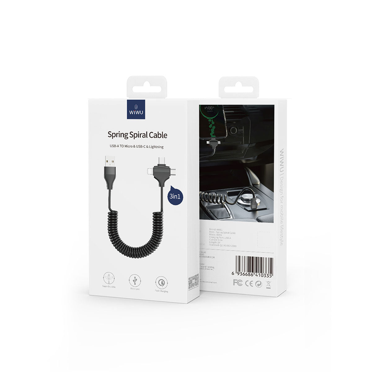 Wiwu Spiral Design Micro Type-C and Lightning 3in1 Spring Spiral Cable 1m Black