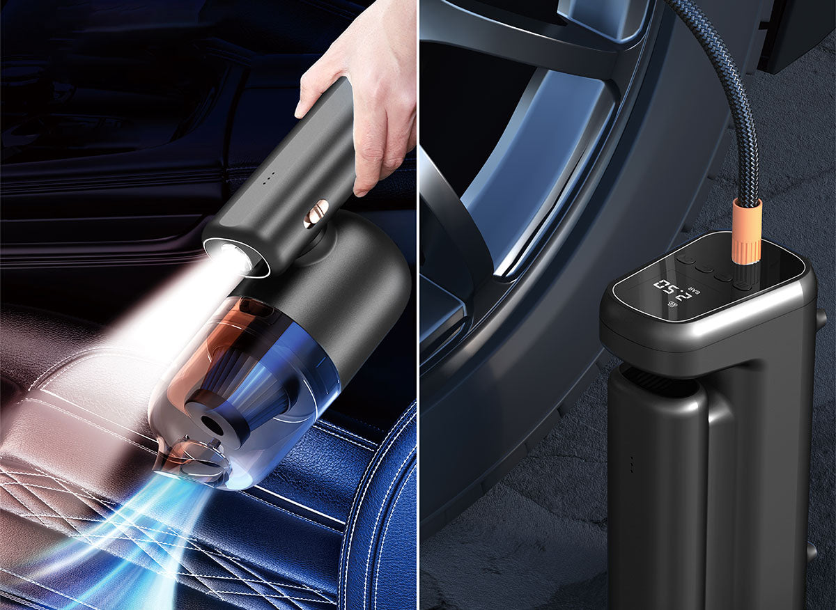 Wiwu Wi-Ai002 5in1 Auto Vehicle Tire Inflator Pump - Auto Vehicle Vacuum Cleaner - Vacuum Machine - Vehicle Air Compressor with Flashlight Digital Display Black
