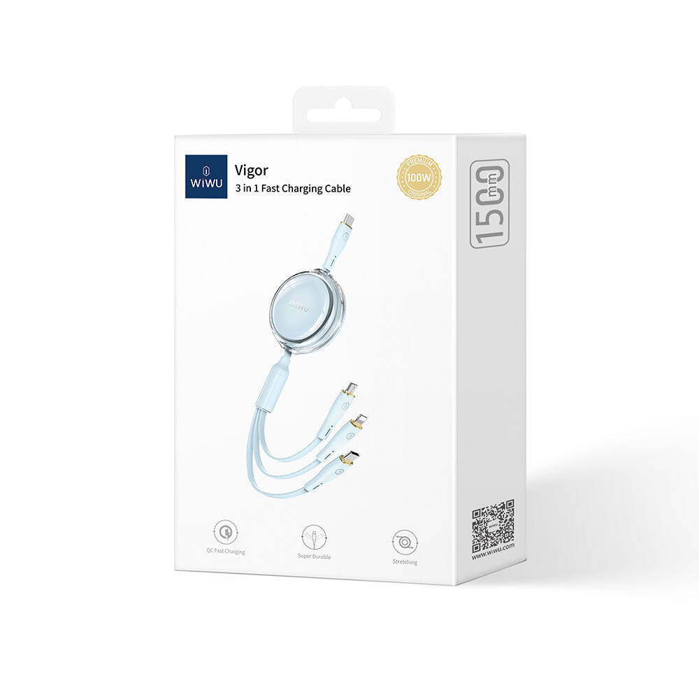 Wiwu Wi-C023 Vigor Series 3in1 Type-C Lightning Micro USB Reel Data and Charging Cable 100W 1.5M White