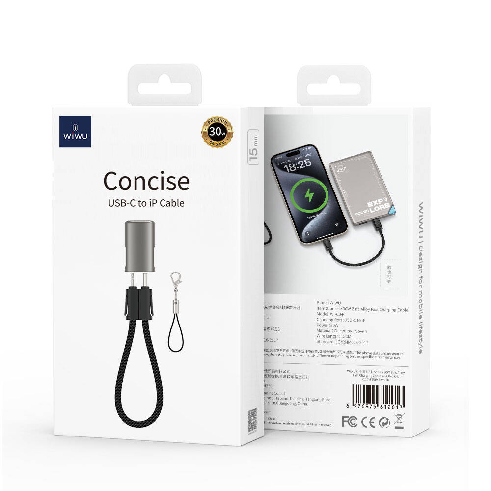 Wiwu Wi-C040 Concise Serisi Type-C to Lightning Hızlı Şarj Özellikli Data ve Şarj Kablosu 30W 15cm Siyah