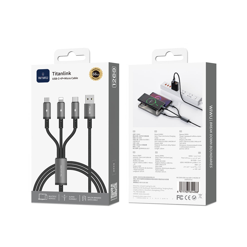 Wiwu Wi-C059 Titanlink Series 3in1 USB-A to Lightning – Type-C – Micro Braided Charging and Data Cable 66W 1.2m Gray