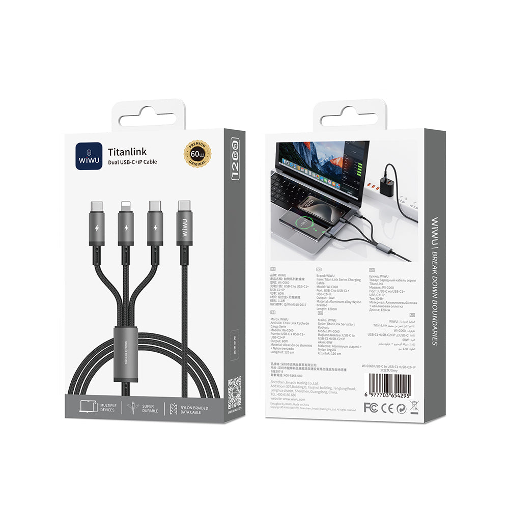 Wiwu Wi-C060 Titanlink Series 3in1 Type-C to Lightning – 2xType-C Braided Charging and Data PD Cable 60W 1.2m Gray