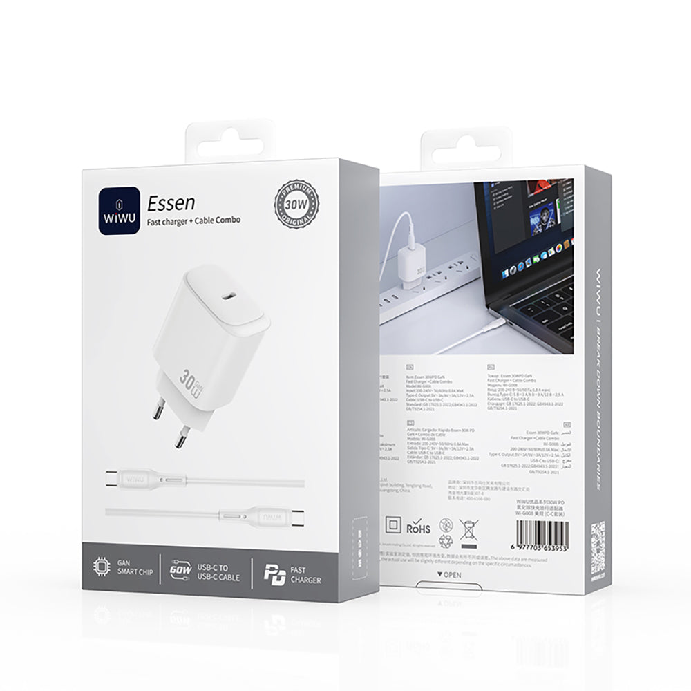 Wiwu Wi-G008 Essen Series GaN Tech PD Fast Charging Head Type-C to Type-C PD 30W Wired Charging Set White