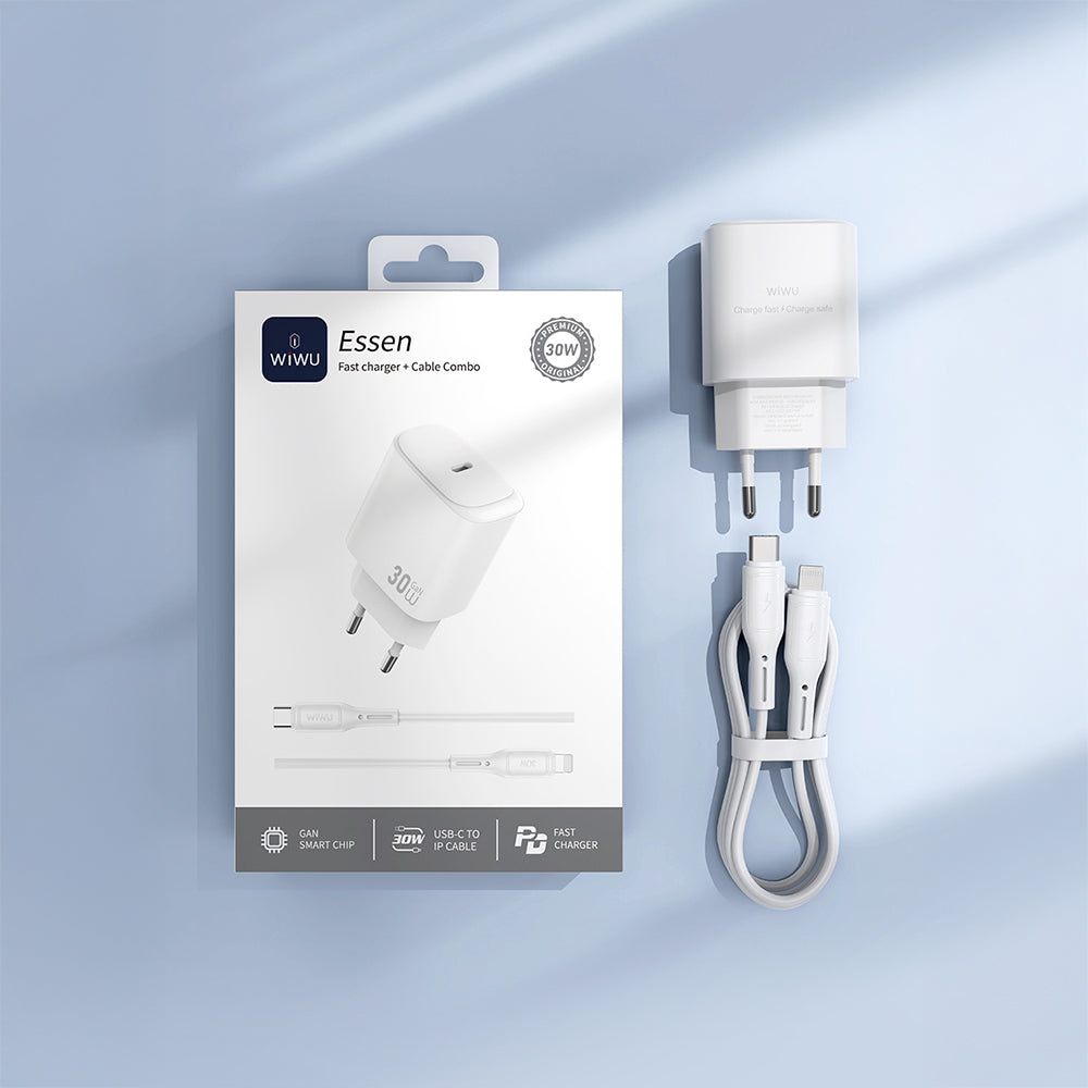 Wiwu Wi-G008 Essen Series GaN Tech PD Fast Charging Head Type-C to Type-C PD 30W Wired Charging Set White