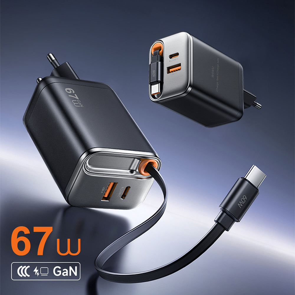 Wiwu Wi-G020 Helix Serisi GaN Teknolojili Hızlı Şarj Başlığı USB-A to Type-C PD 65W Type-C Kablolu Şarj Seti Siyah