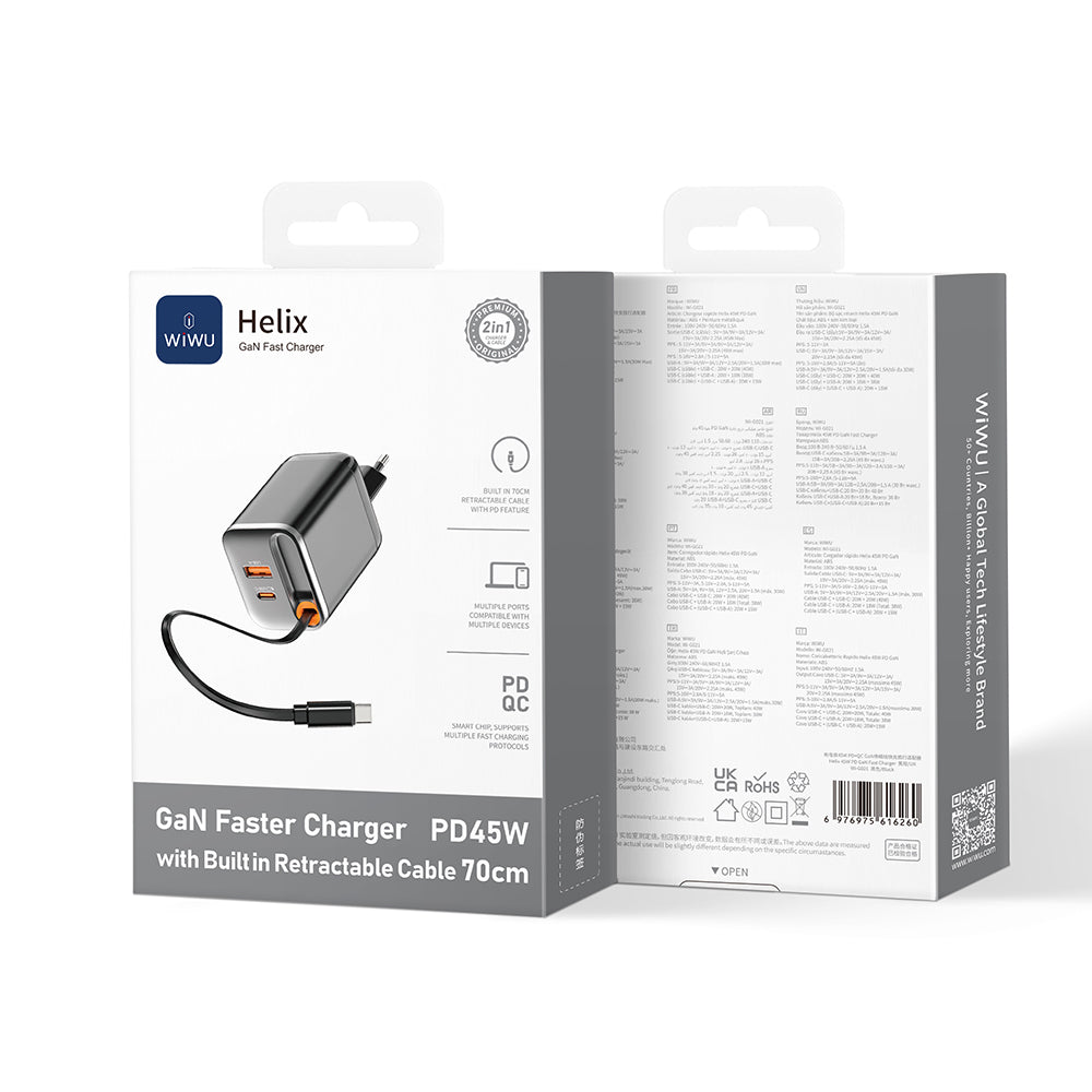 Wiwu Wi-G021 Helix Serisi GaN Teknolojili Hızlı Şarj Başlığı USB-A to Type-C PD 45W Type-C Kablolu Şarj Seti Siyah