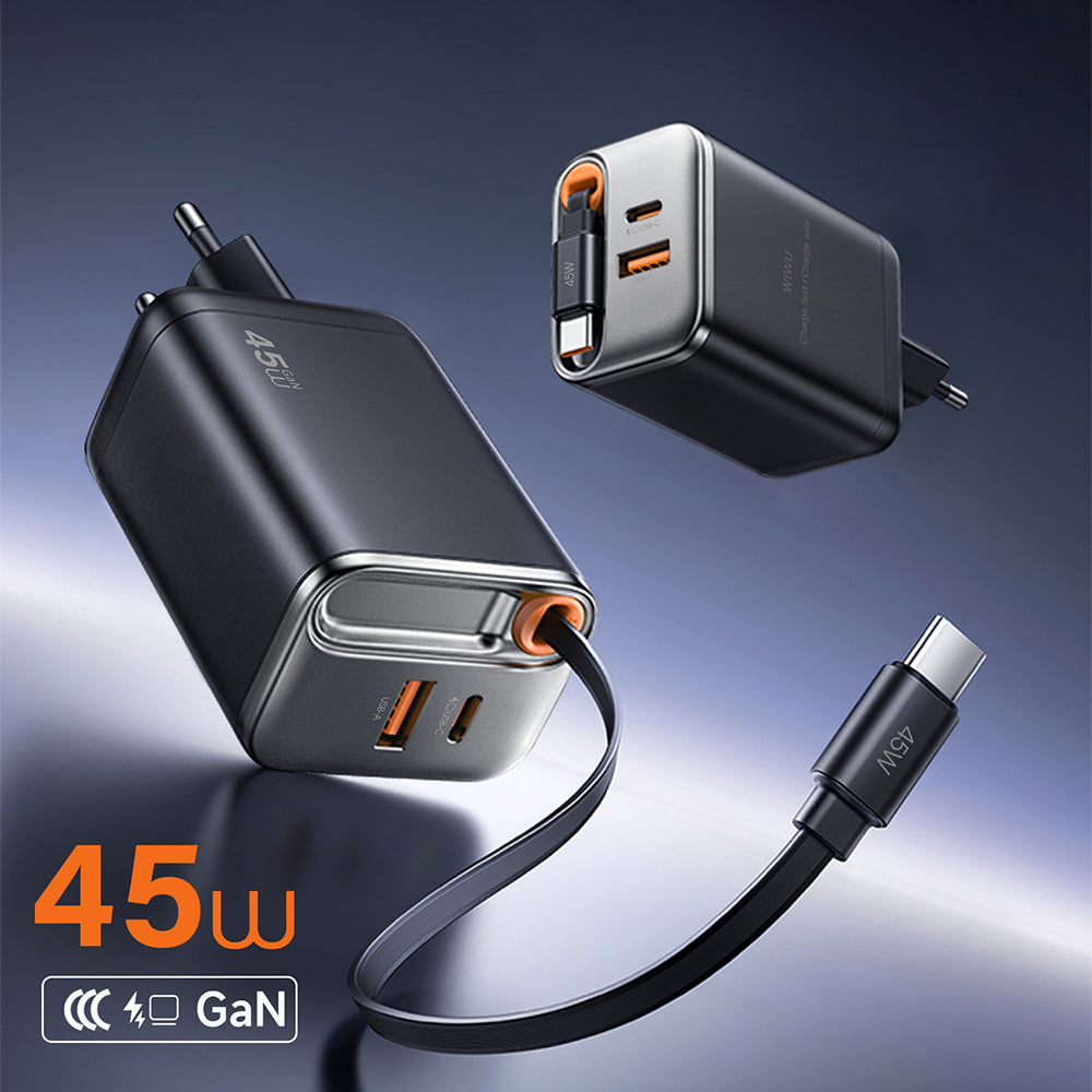 Wiwu Wi-G021 Helix Serisi GaN Teknolojili Hızlı Şarj Başlığı USB-A to Type-C PD 45W Type-C Kablolu Şarj Seti Siyah