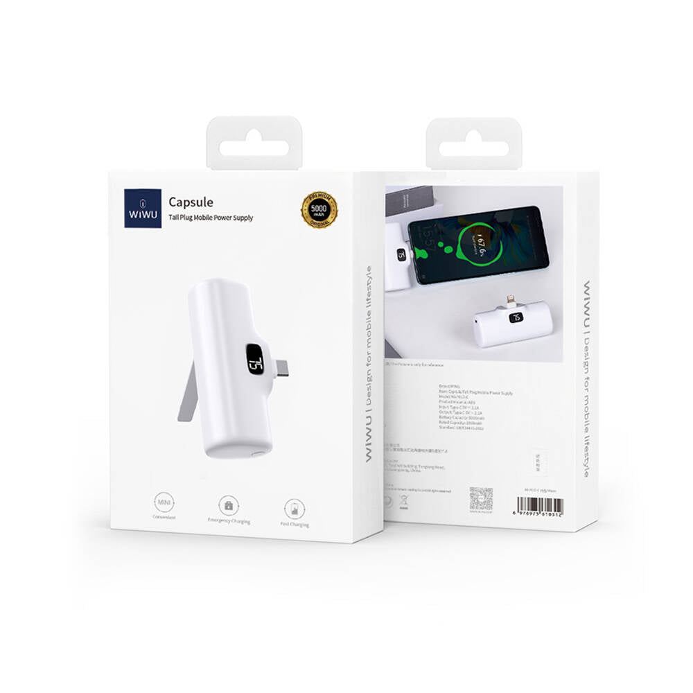 Wiwu Wi-P017 Capsule Serisi 2in1 Mini Taşınabilir Standlı Lightning Powerbank 5000mAh Beyaz