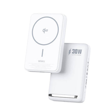Wiwu Wi-P031 Qi2 Şarj Teknolojili LED Işık Göstergeli Standlı 30W Taşınabilir M-safe Wireless Powerbank 10.000mAh Beyaz
