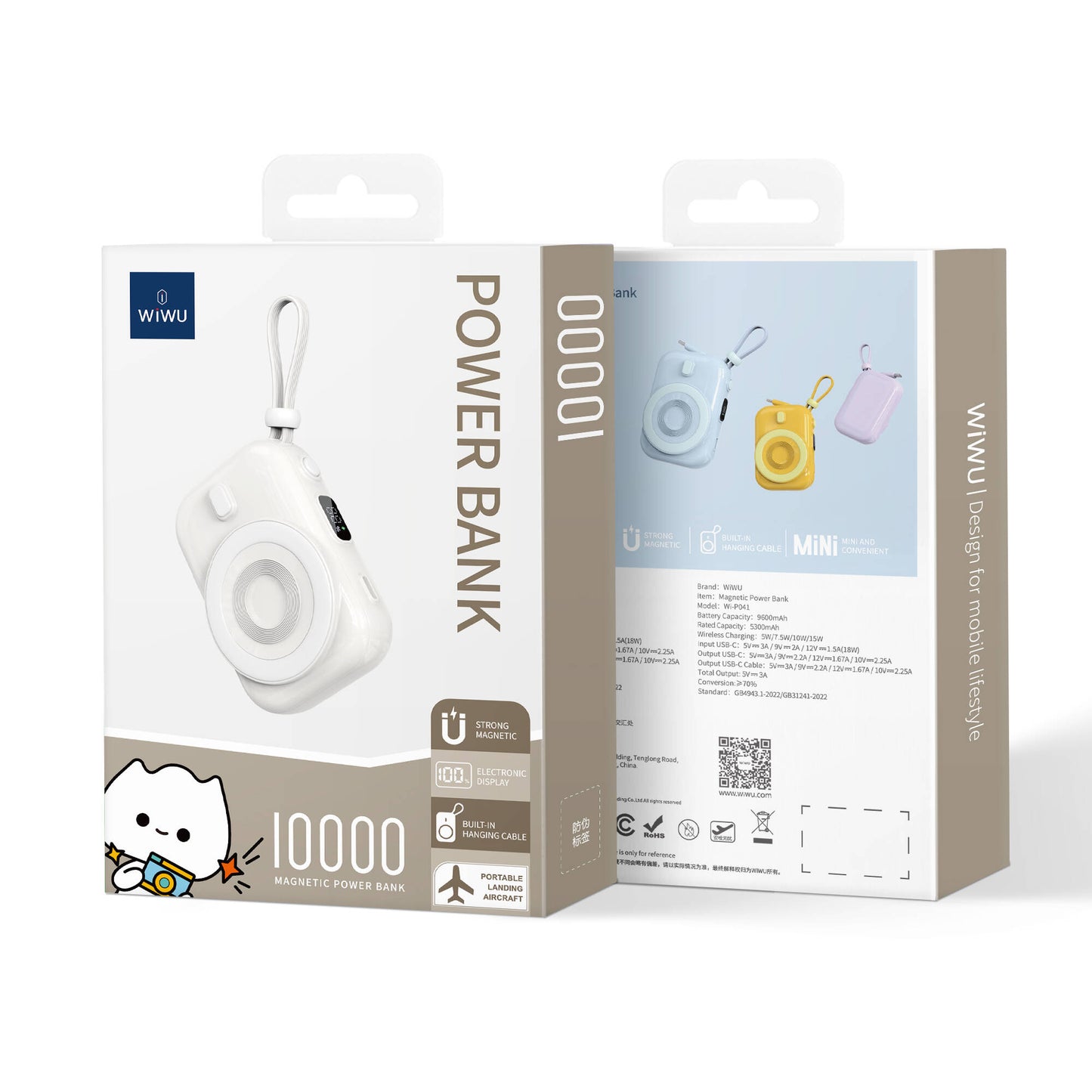 Wiwu Wi-P041 Dijital LED Göstergeli Type-C Kablolu Askılı Wireless Powerbank 10000mAh Beyaz