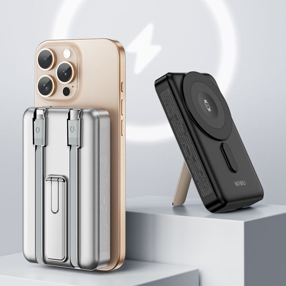 Wiwu Wi-P056 Taşınabilir Wireless Şarj ve PD Hızlı Şarj Özellikli Powerbank 15W 10000mAh Gri