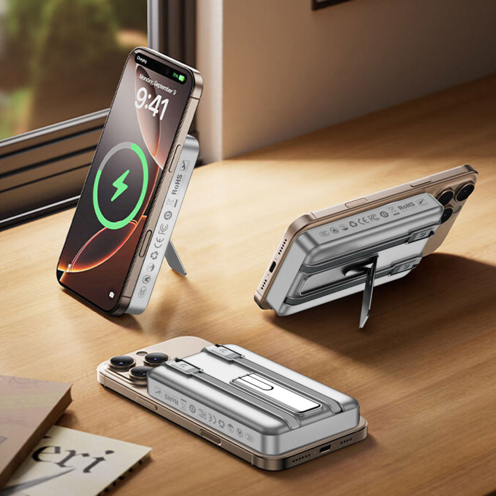 Wiwu Wi-P056 Taşınabilir Wireless Şarj ve PD Hızlı Şarj Özellikli Powerbank 15W 10000mAh Gri