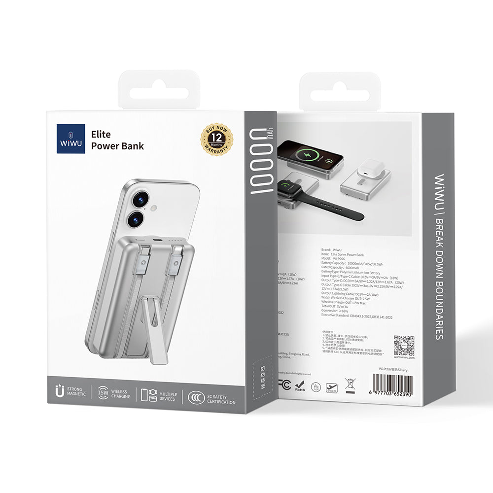 Wiwu Wi-P056 Taşınabilir Wireless Şarj ve PD Hızlı Şarj Özellikli Powerbank 15W 10000mAh Siyah