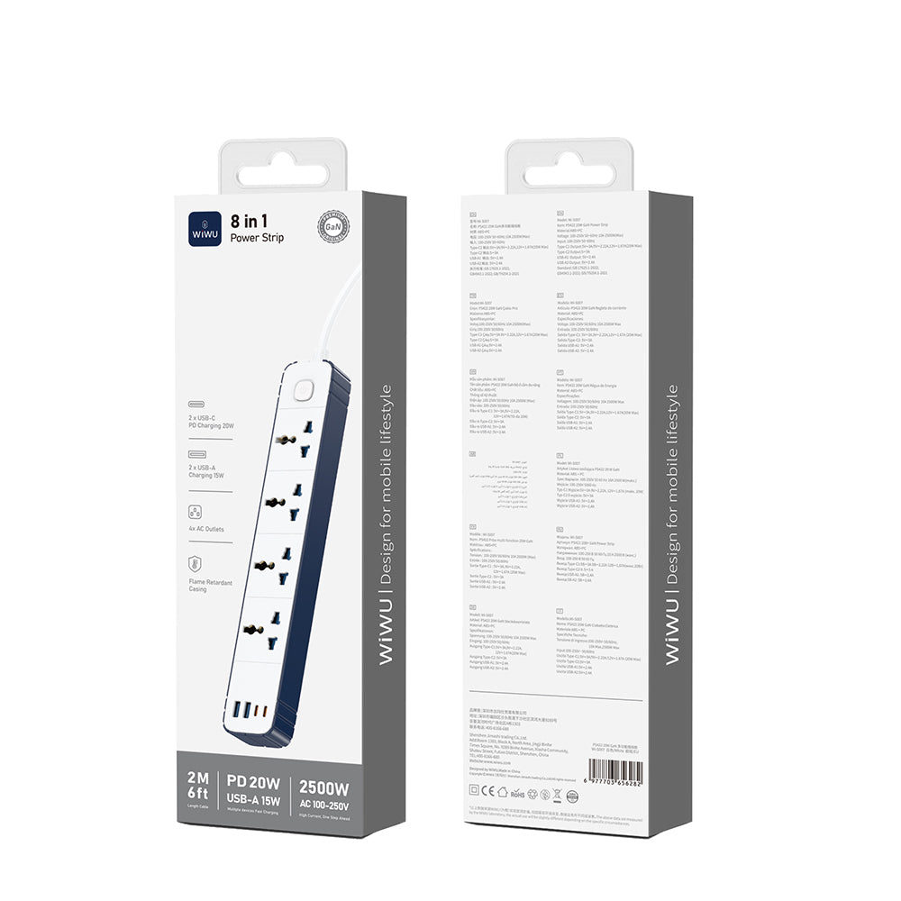 Wiwu Wi-S007 20W GaN Tech Power Strip 8 in 1 Multiple Socket 2M White