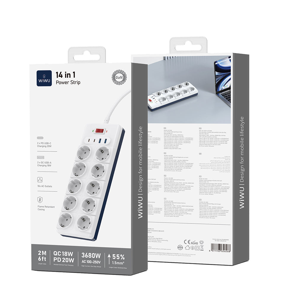 Wiwu Wi-S008 20W GaN Tech Power Strip 14 in 1 Multiple Socket 2M White