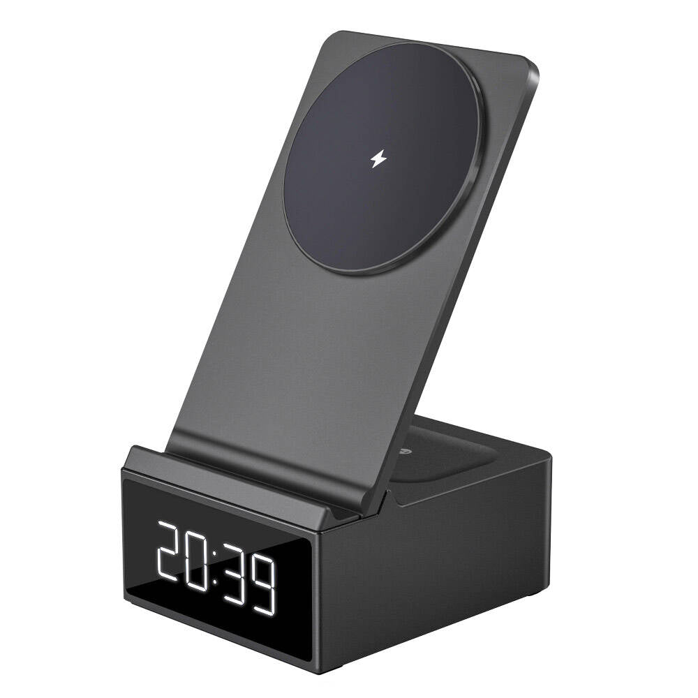 Wiwu Wi-W011 Platinum 3-in-1 Magnetic Wireless Charging Stand with Digital Clock and Alarm, Fast Charging, Black