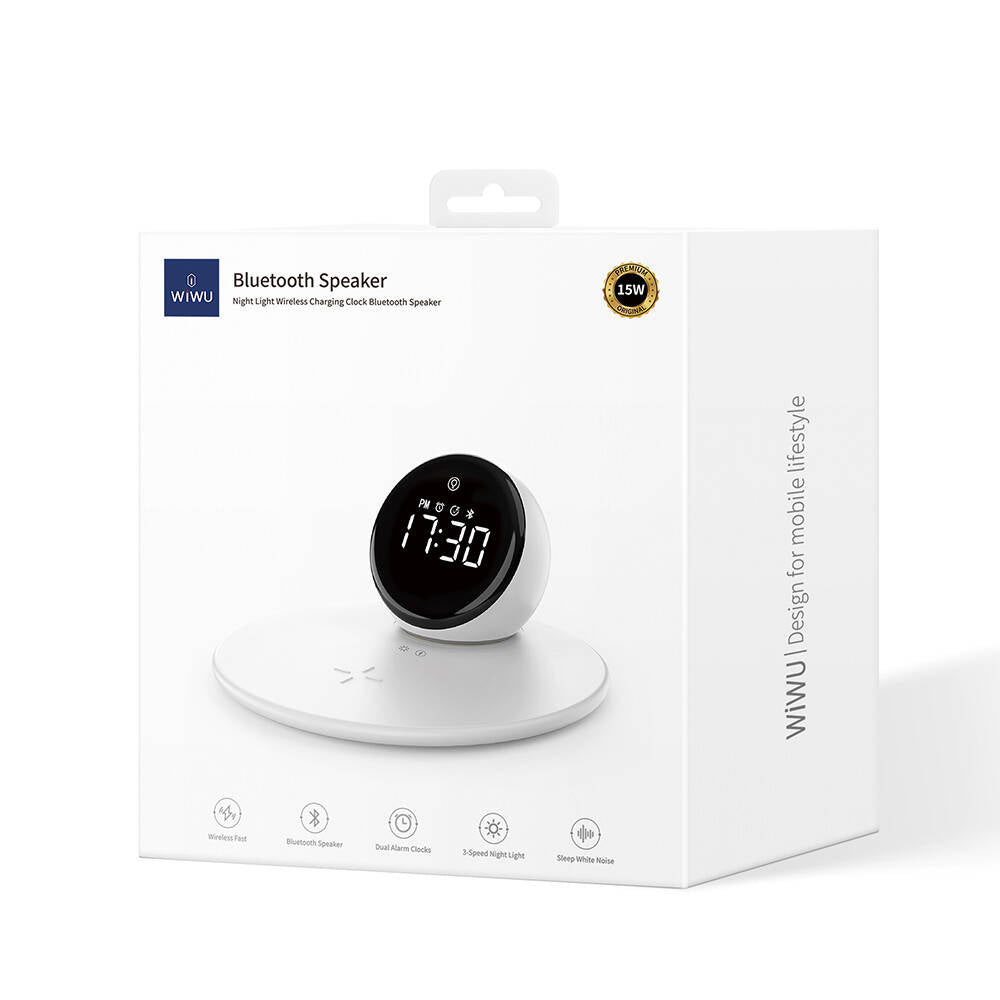 Wiwu Wi-W017 Wireless Charging Stand Dual Alarm Digital Clock Bluetooth Speaker White