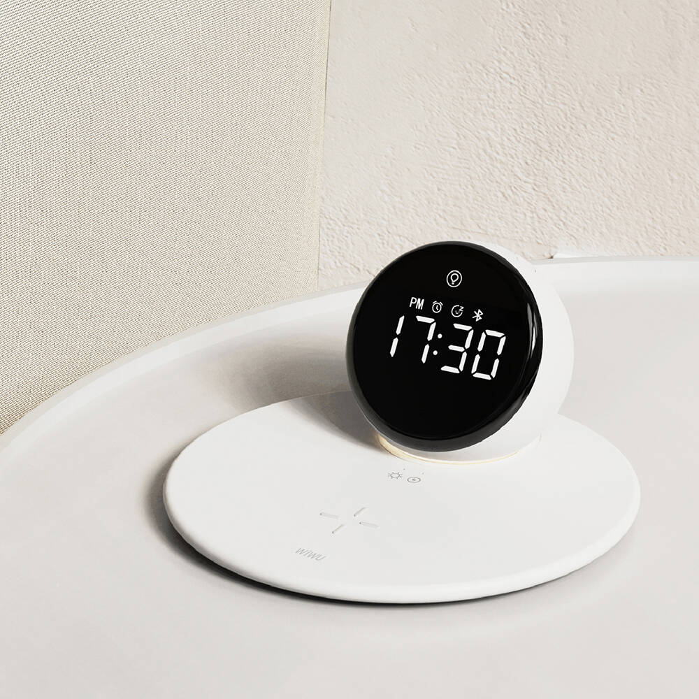 Wiwu Wi-W017 Wireless Charging Stand Dual Alarm Digital Clock Bluetooth Speaker White