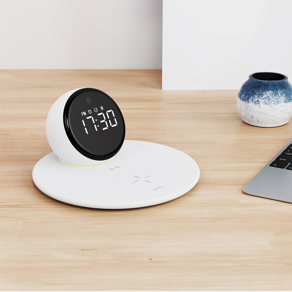 Wiwu Wi-W017 Wireless Charging Stand Dual Alarm Digital Clock Bluetooth Speaker White