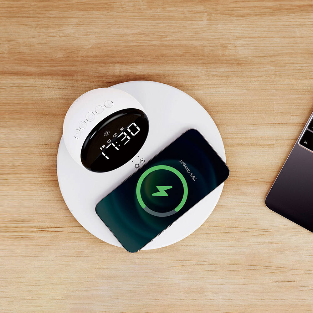 Wiwu Wi-W017 Wireless Charging Stand Dual Alarm Digital Clock Bluetooth Speaker White