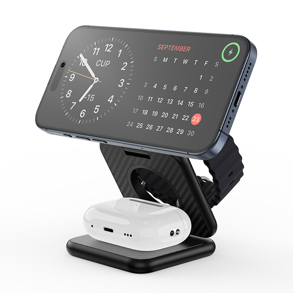 Wiwu Wi-W035 3 in 1 Magnetic Fast Charging Aramid Fiber Wireless Charging Stand 15W Black