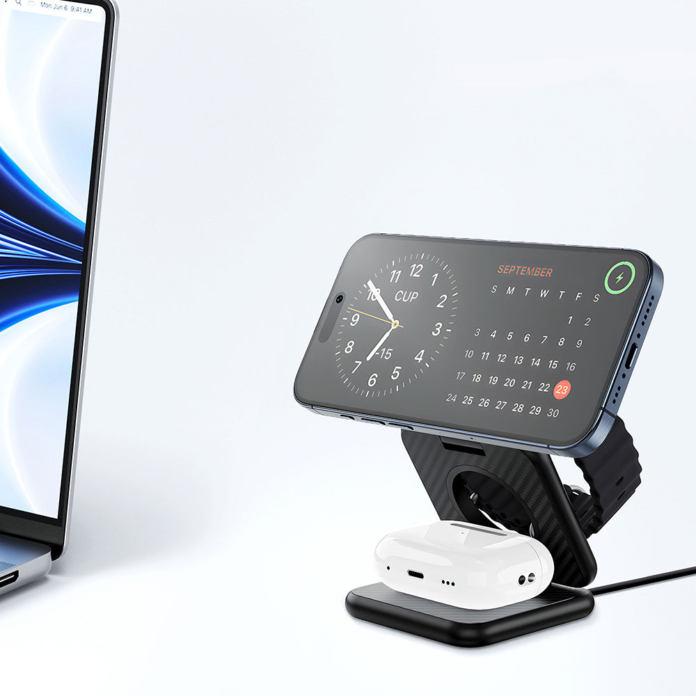 Wiwu Wi-W035 3 in 1 Magnetic Fast Charging Aramid Fiber Wireless Charging Stand 15W Black