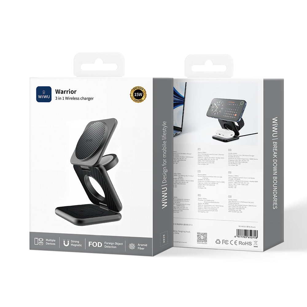 Wiwu Wi-W035 3 in 1 Magnetik Hızlı Şarj Özellikli Aramid Fiber Kablosuz Şarj Standı 15W Siyah