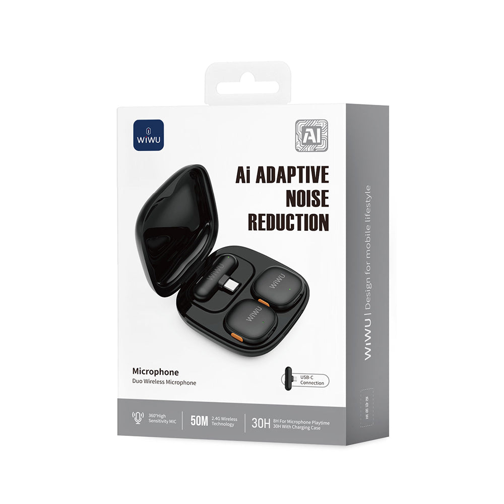Wiwu Wi-WM006 2in1 Type-C Port Artificial Intelligence Supported ANC Featured Wireless Lavalier Microphone Black