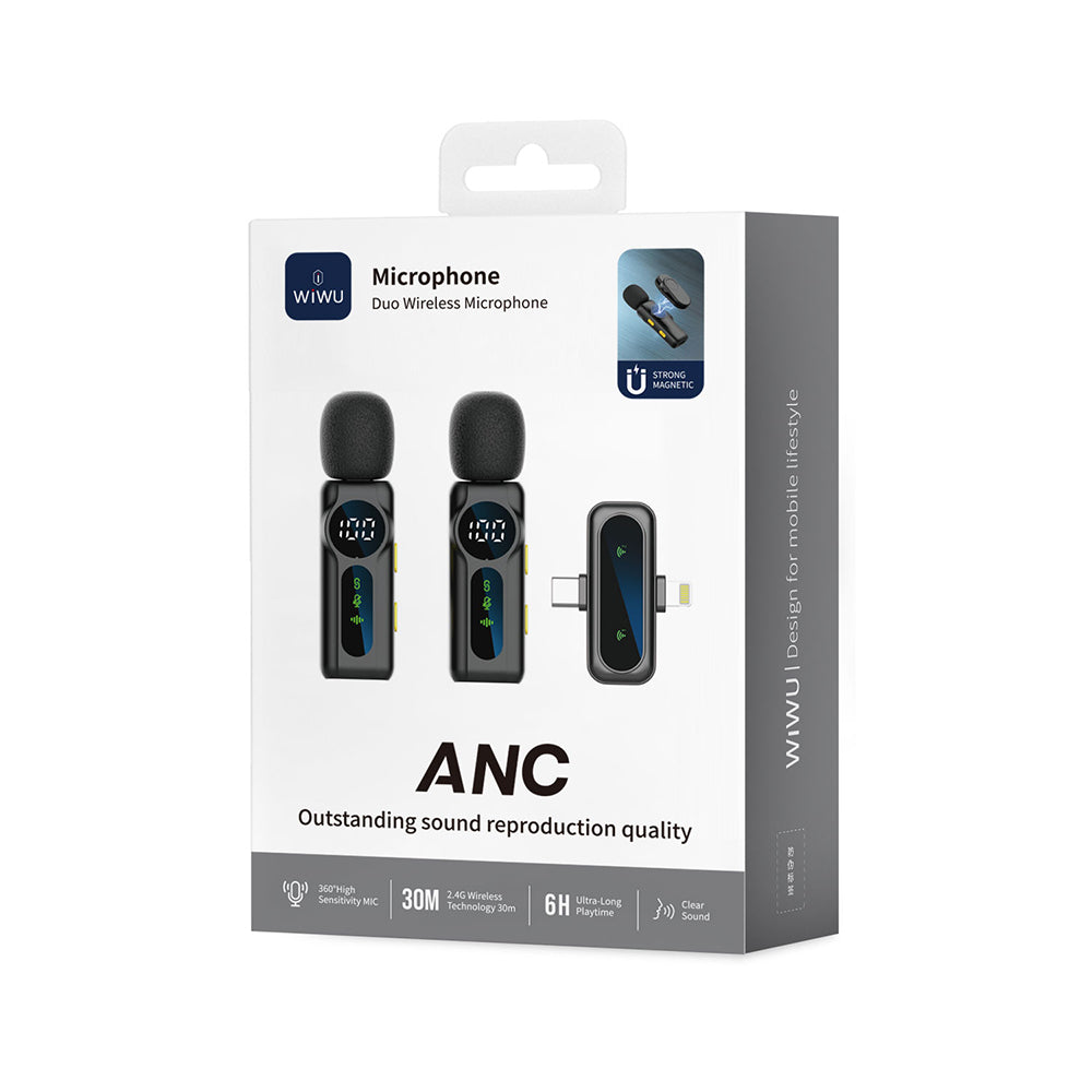 Wiwu Wi-WM007 2-in-1 Wireless Lavalier Microphone with Type-C and Lightning Port ANC, Black