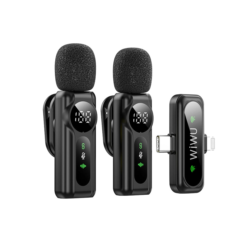 Wiwu Wi-WM007 2-in-1 Wireless Lavalier Microphone with Type-C and Lightning Port ANC, Black