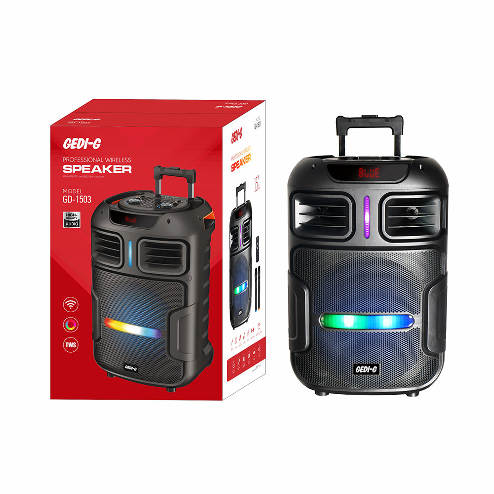 Zore GD-1503 Digital LED Display FM Radio Microphone RGB TWS 15 inch Stereo Bass Wireless Karaoke Speaker Black