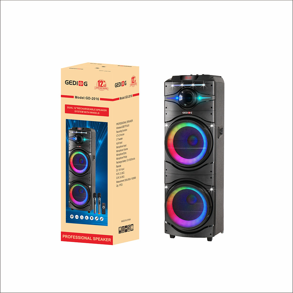 Zore GD-2016 Digital LED Display FM Radio Microphone RGB TWS Dual 12-inch Stereo Bass Wireless Karaoke Speaker Black