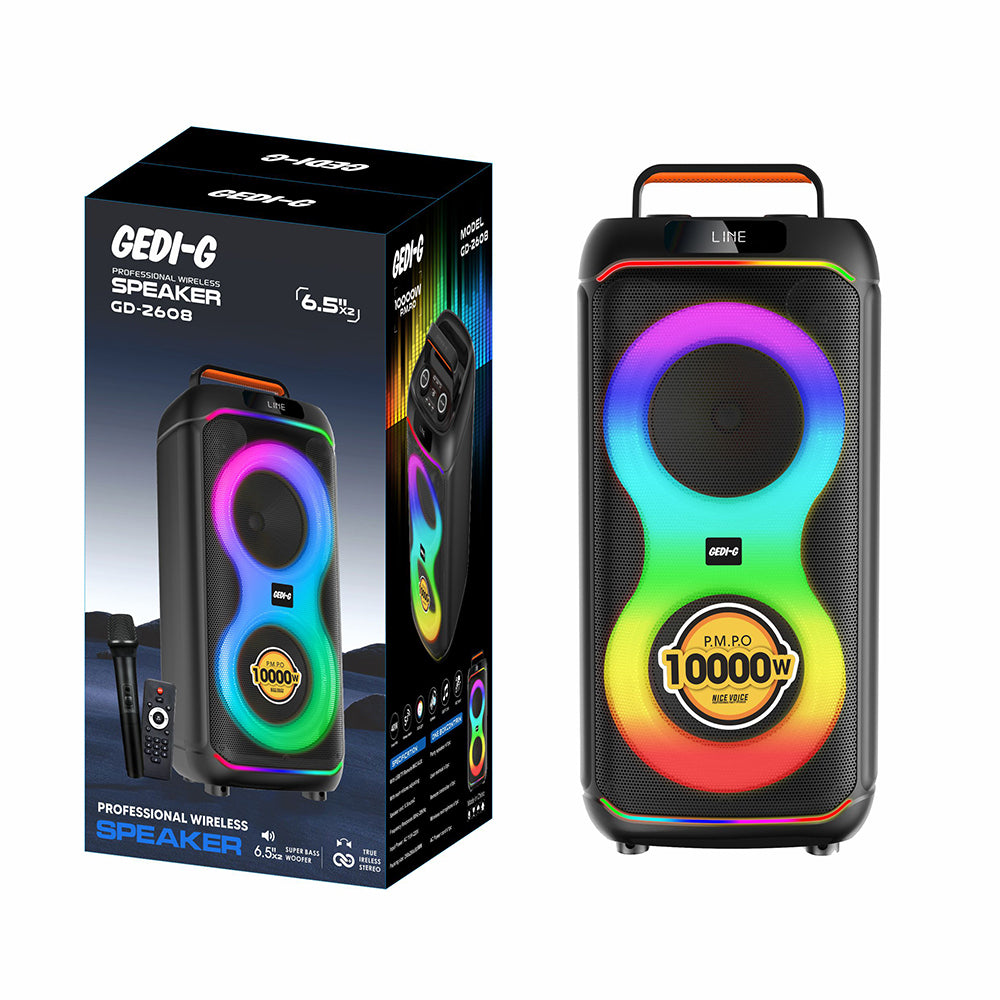 Zore GD-2608 Dijital LED Göstergeli FM Radyolu Mikrofonlu RGB TWS Çift 6.5 inç Stereo Bass Kablosuz Karaoke Hoparlör Siyah