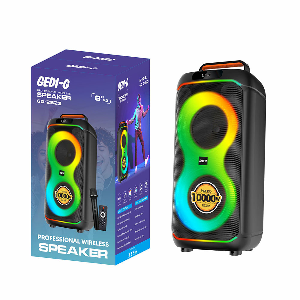 Zore GD-2823 Dijital LED Göstergeli FM Radyolu Mikrofonlu RGB TWS Çift 8 inç Stereo Bass Kablosuz Karaoke Hoparlör Siyah
