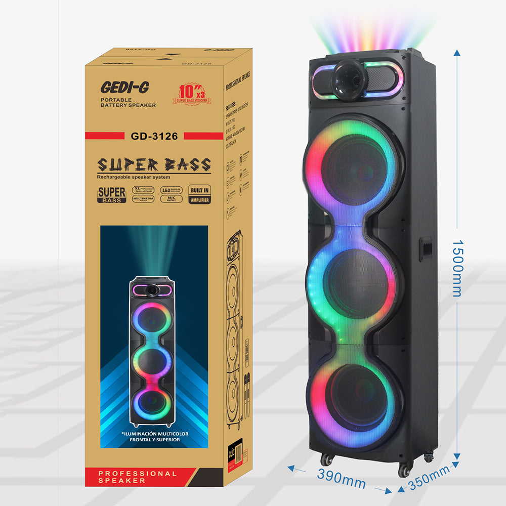 Zore GD-3126 Dijital LED Göstergeli Mikrofonlu RGB TWS Üçlü 10 inç Stereo Bass Kablosuz Karaoke Hoparlör Siyah
