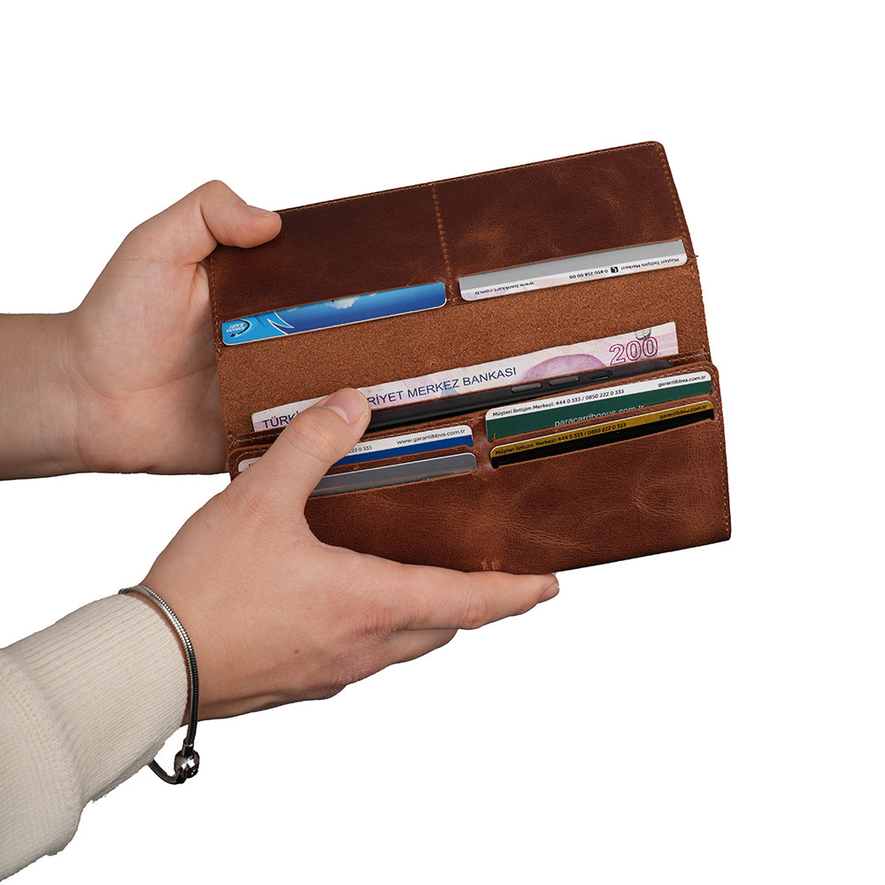 Zore Hakiki Deri Universal 10 Kart Hazneli Mıknatıslı Telefon Bölmeli Cüzdan Kahverengi
