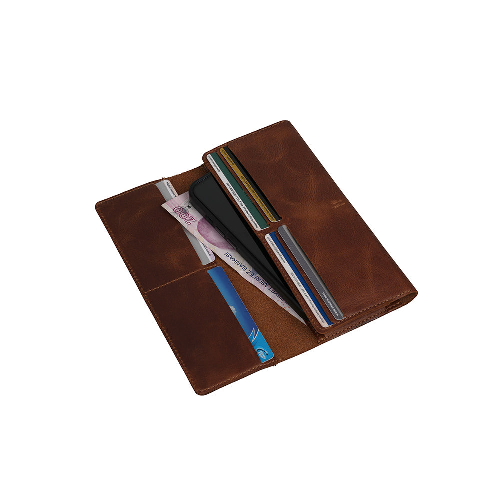 Zore Hakiki Deri Universal 10 Kart Hazneli Mıknatıslı Telefon Bölmeli Cüzdan Kahverengi