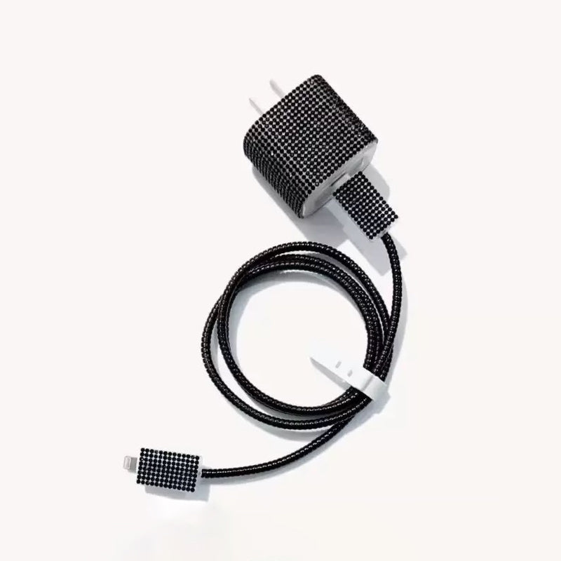 Zore Taşlı Şarj Aleti Koruyucu 4in1 Set Siyah